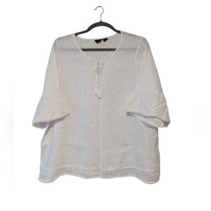 Tahari Linen Tunic Top Size 3X White Pom Pom Trim Tassel Beach Minimalist Boho.